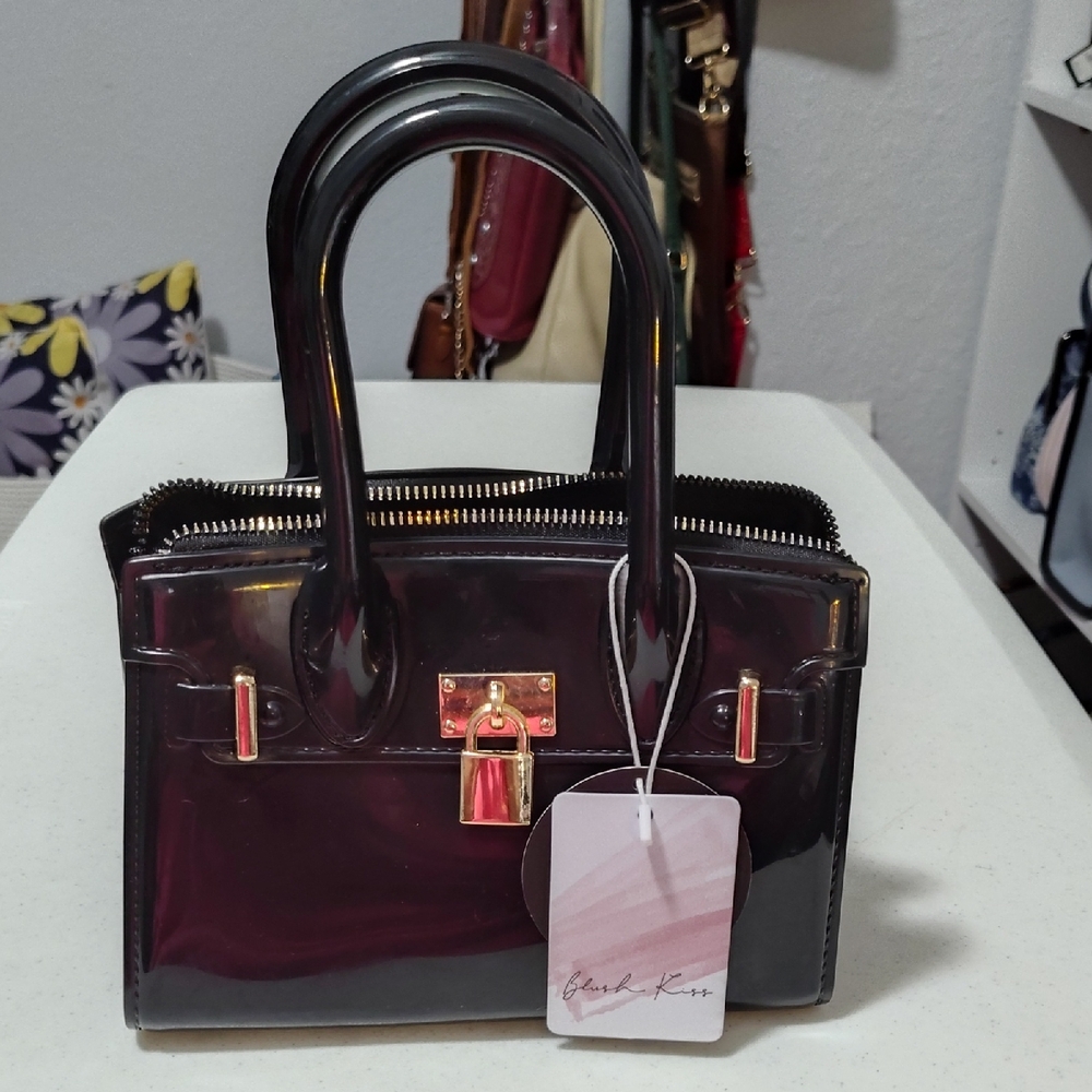 Brand New Jelly Glossy Black Satchel & Crossbody Chain with Gold Hardware